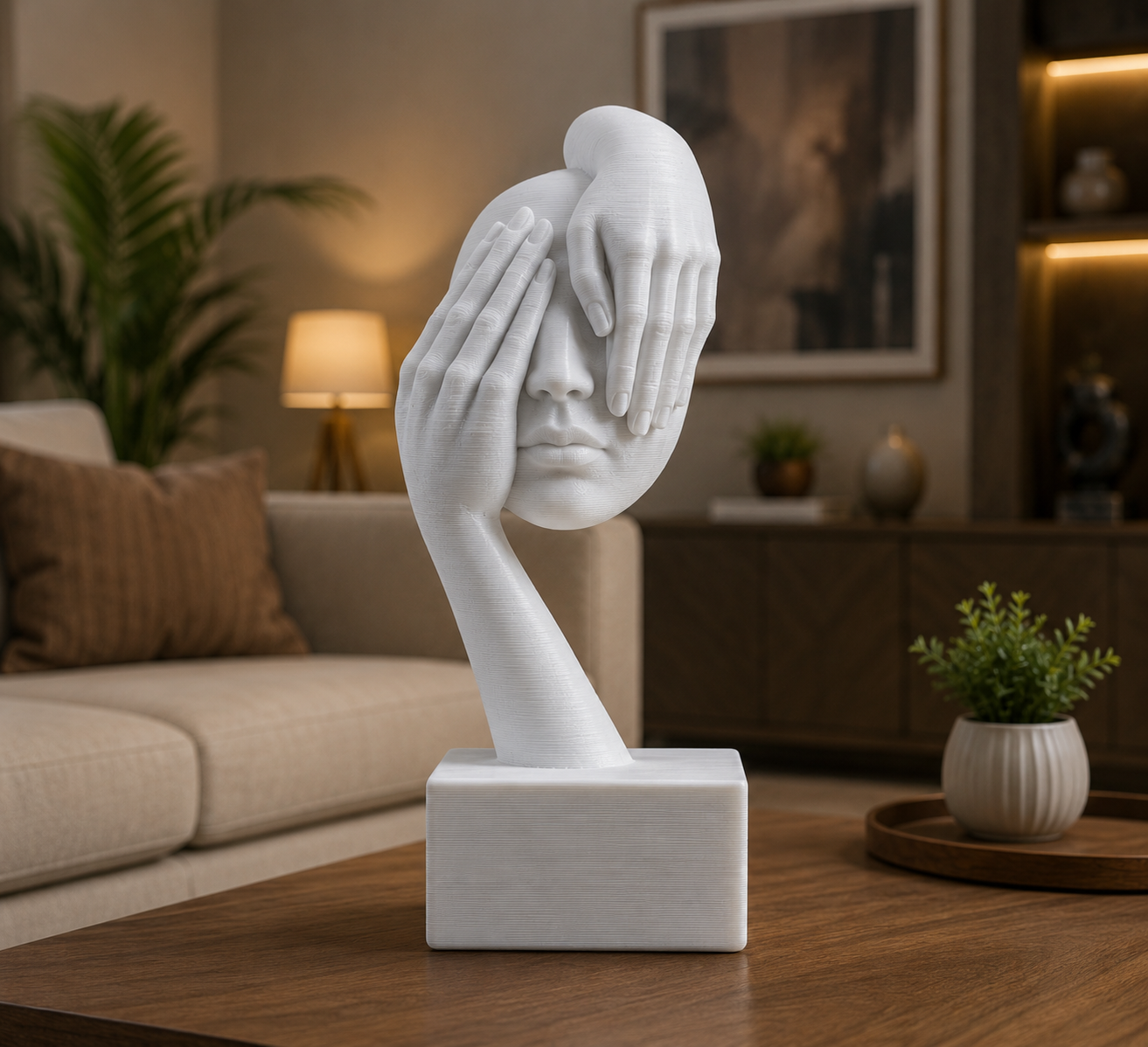 Abstract Face Sculpture with Hands – Modern Minimalist 3D Printed Decor