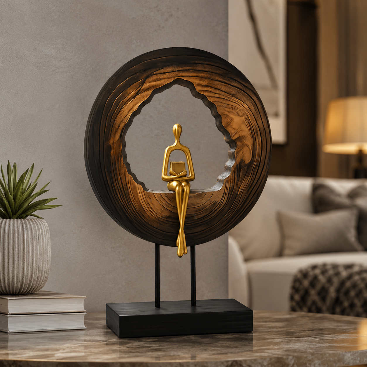 Abstract Wooden Circle Thinker Sculpture with Golden Reading Figure