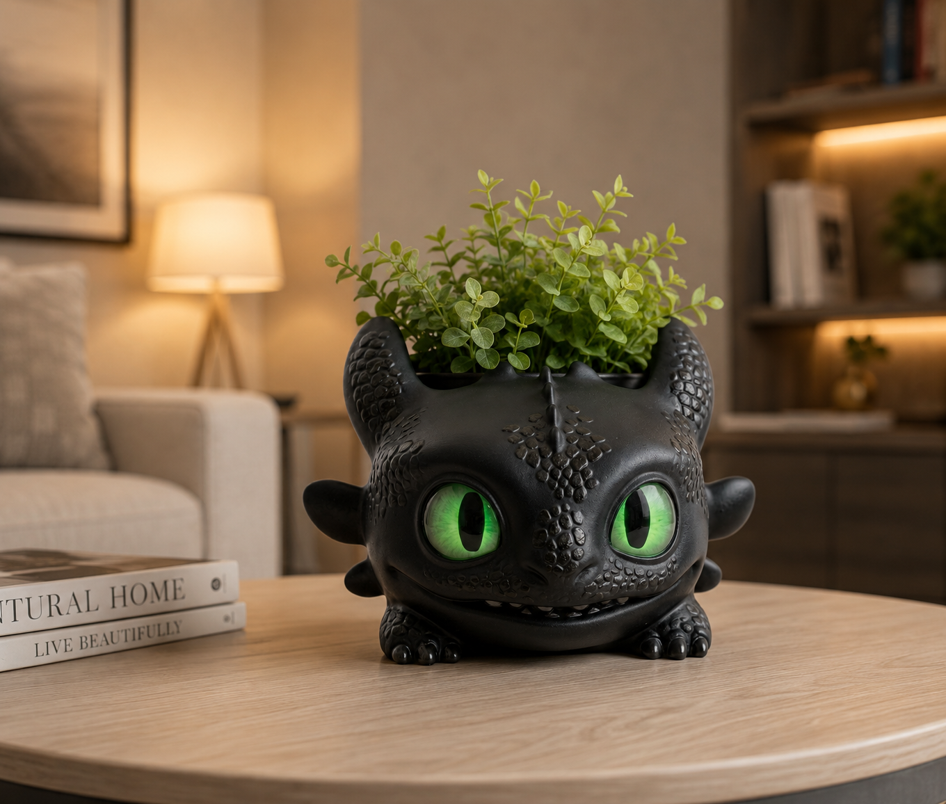 Cute Black Dragon Planter with Green Eyes 3D Printed