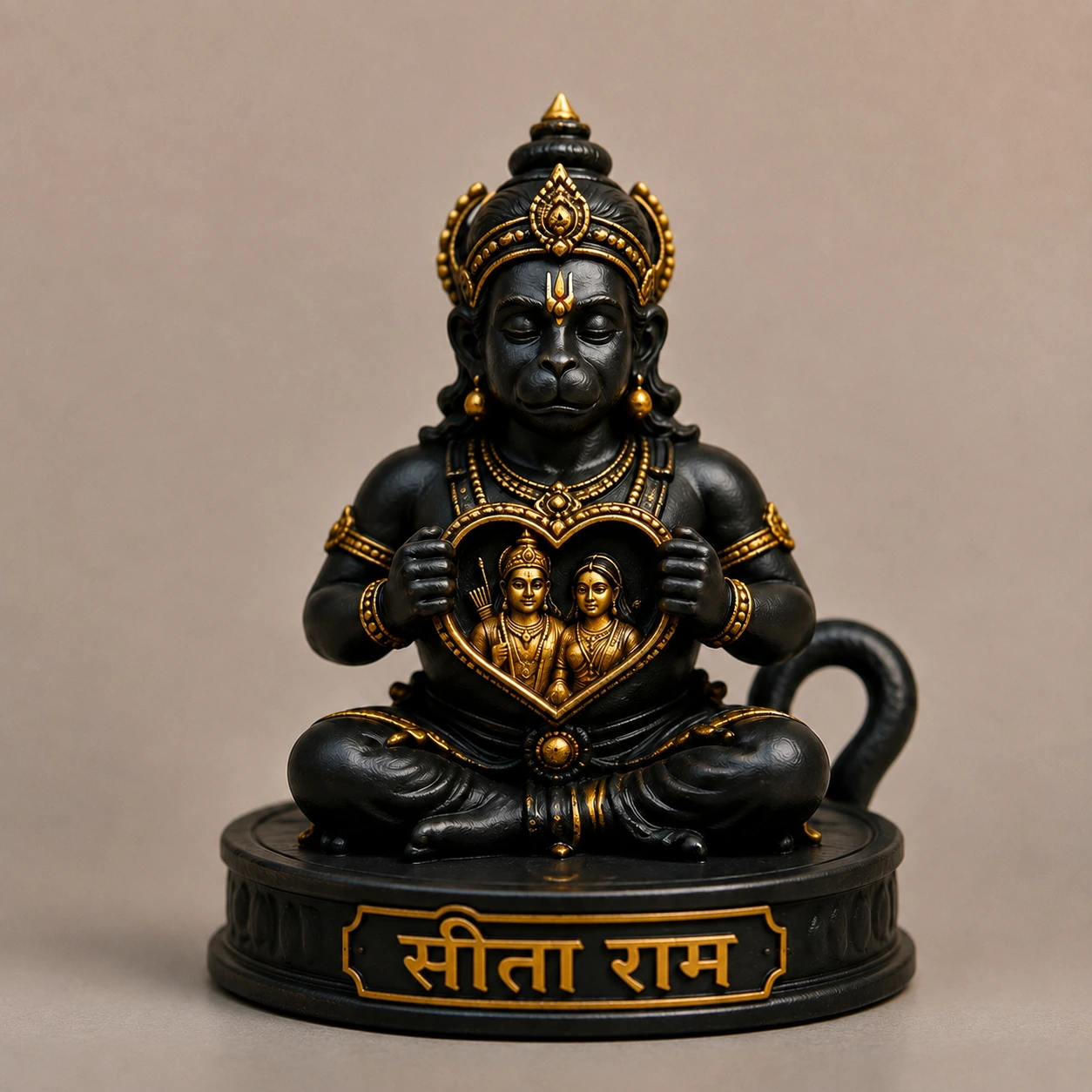 Sita Ram in Heart Hanuman Black Gold Idol