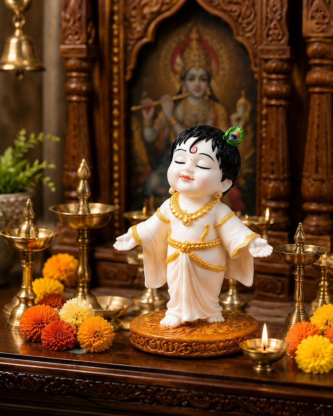 Standing Bal Krishna Idol White & Gold 3D Printed