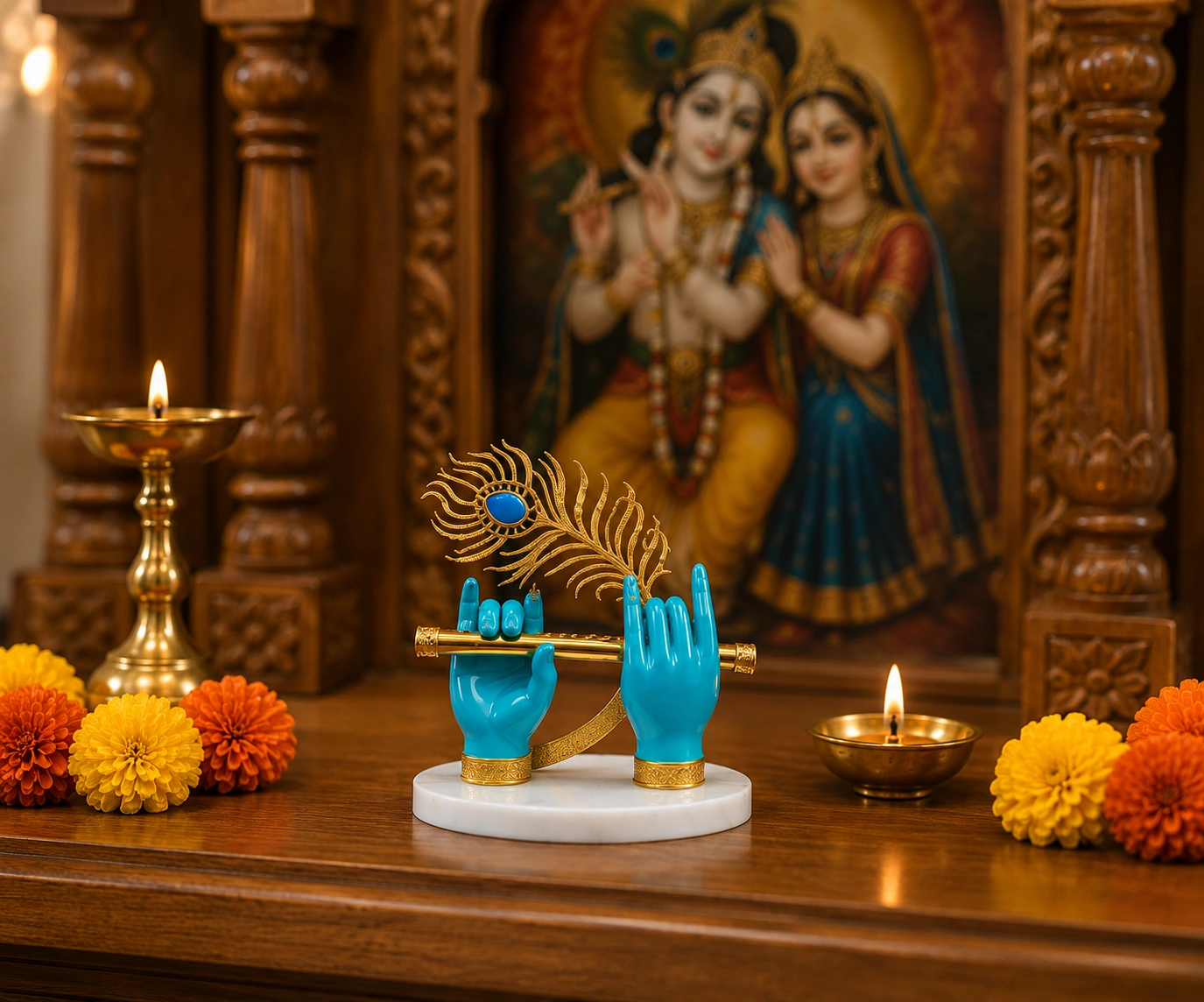 Krishna Hands with Flute Dashboard Idol Blue & Gold 3D Printed