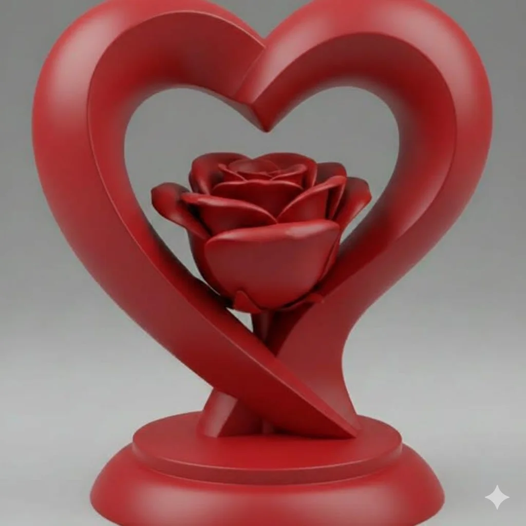Premium 3D Printed Modern Abstract Couple Statue with Heart Rose