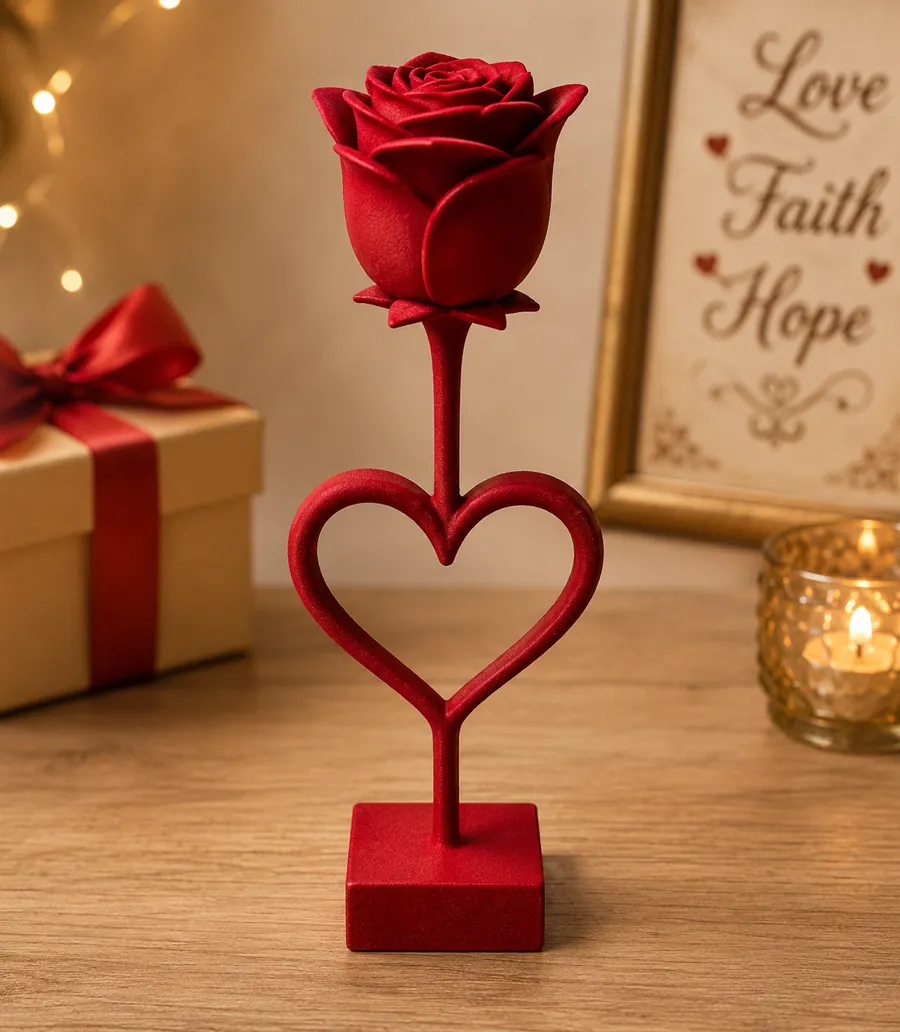 Premium 3D Printed Romantic Heart Stem Rose Showpiece